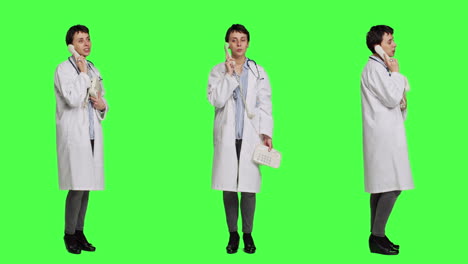 Physician-answering-landline-phone-call-against-greenscreen-backdrop